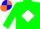 GREEN, white diamond, blue and orange quartered cap