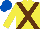 YELLOW, brown cross belts, royal blue cap