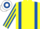 YELLOW, royal blue braces, royal blue & yellow striped sleeves, white & royal blue hooped cap
