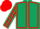 Dark green, red seams, striped sleeves, red cap