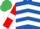 ROYAL BLUE, WHITE chevrons, RED sleeves, WHITE armlets, EMERALD GREEN cap