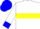 White, broad blue band with yellow hoop, white sleeves, blue collar, cuffs and cap