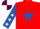 RED, royal blue star, royal blue sleeves, white stars, maroon & white quartered cap