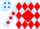 Light blue, blue 'M' on red diamond on back, red diamonds on front