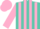 Turquoise, hot pink stripes on sleeves, emblem on back, matching cap
