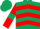 Dark green, red chevrons, red sleeves, dark green armlets, dark green cap