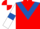 Red, Royal Blue chevron, White sleeves, Royal Blue armlets, Red and White quartered cap