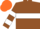 BROWN, WHITE hoop, hooped sleeves, ORANGE cap