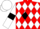 Red and White diamonds, White sleeves, Black armlets and diamond on White cap