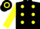 BLACK, yellow spots, yellow sleeves, black armlet, yellow & black hooped cap