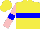 Yellow, pink and blue hoop, pink and blue hoop on sleeves, yellow cap
