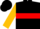 Black and gold halves, red hoop, black, red and gold sleeves, black cap