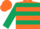 Orange, dark green hoops, dark green bars on sleeves, orange cap