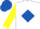 WHITE, royal blue diamond, yellow sleeves, royal blue cap