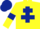 Yellow, dark blue cross of lorraine and armlets, checked cap