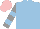 LIGHT BLUE, GREY and LIGHT BLUE hooped sleeves, PINK cap