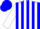 Blue, white square, white stripes on sleeves, blue cap