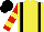 Yellow, Black braces, Red and Yellow hooped sleeves, Black cap
