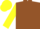 Brown, yellow 'R' in yellow emblem, yellow sleeves, yellow cap