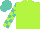 Lime green, turquoise blocks on sleeves, turquoise cap