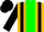 Gold,black braces,red and green stripe,black sleeves,black cap