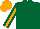 Dark green, orange stripe on sleeves, orange cap