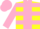 Yellow, hot pink panel, hot pink hoops on sleeves, hot pink cap