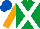 Emerald Green, White cross belts, Orange sleeves, Royal Blue cap