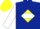 Dark blue,yellow diamond frame,white hoop on sleeves,blue and yellow cap