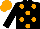 Black, Orange spots, Black sleeves, Orange cap
