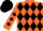 Orange, black diamonds, black diamonds on sleeves, black cap