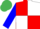 red and white quartered, blue sleeves, emerald green cap