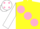 YELLOW, large PINK spots, WHITE sleeves, WHITE cap, PINK spots