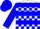 White, blue blocks, blue hoops on sleeves, white and blue cap