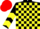 Black and yellow check, chevrons on sleeves, red cap