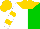White and green halves, gold yoke, gold hoops on white sleeves, gold cap