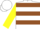 White, brown hoops on yellow sleeves, white cap