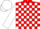Red, white blocks, white bars on sleeves, white cap