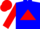 Blue, red triangle, blue and red sleeves, blue and red cap