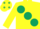 YELLOW, large dark green spots, yellow cap, emerald green spots