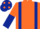 ORANGE, dark blue braces, halved sleeves, dark blue cap, orange spots