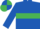 ROYAL BLUE, emerald green hoop, royal blue sleeves, quartered cap