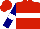 RED, navy and white belt, navy and white band on sleeves, red cap