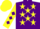Purple, yellow stars, yellow sleeves, purple diamonds, yellow cap