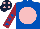 Royal Blue, Pink disc, Maroon sleeves, Royal Blue stars, Dark Blue cap, Pink spots