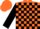 Orange, black blocks, black sleeves, orange cap