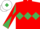 Red, Emerald Green triple diamond, Emerald Green and Red diabolo on sleeves, White cap, Emerald Green diamond