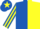 royal blue and yellow halved, striped sleeves, royal blue cap, yellow star