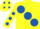 YELLOW, large royal blue spots, royal blue spots on sleeves, yellow cap, royal blue spots
