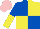 ROYAL BLUE & YELLOW QUARTERED, halved sleeves, pink cap